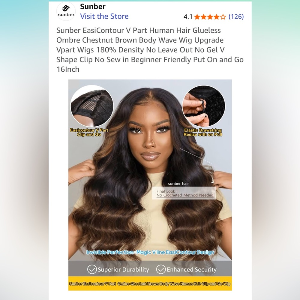 Human Hair Glueless Ombre Chestnut Brown Body Wave V-Part Wig